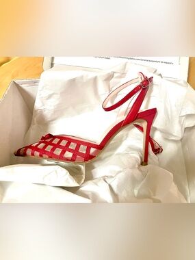 Red Ankle Strap Stiletto Pumps w/bow accent by AQUA of Bloomingdale’s - Size: 8